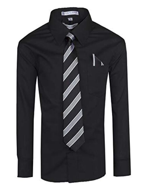 Tuxgear Boys Long Sleeve Button Up Dress Shirt with Necktie and Pocket Square