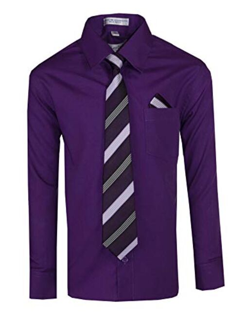 Tuxgear Boys Long Sleeve Button Up Dress Shirt with Necktie and Pocket Square