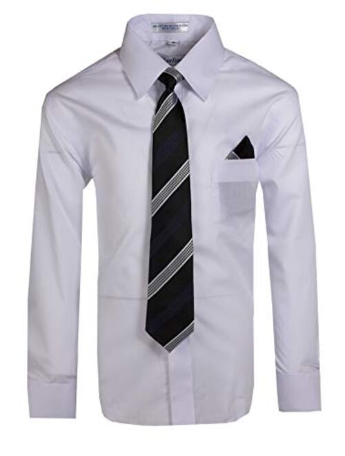 Tuxgear Boys Long Sleeve Button Up Dress Shirt with Necktie and Pocket Square