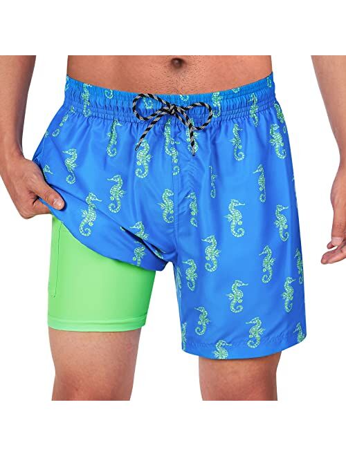 Cozople Men's Swim Trunks 5.5'' Compression Swim Shorts Quick Dry Swimwear Bathing Suits with Boxer Brief Liner