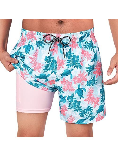 Cozople Men's Swim Trunks 5.5'' Compression Swim Shorts Quick Dry Swimwear Bathing Suits with Boxer Brief Liner