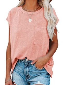 Biucly Womens Summer Tops Casual Loose Batwing Short Sleeve Tees Shirts with Pocket