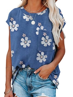 Biucly Womens Summer Tops Casual Loose Batwing Short Sleeve Tees Shirts with Pocket