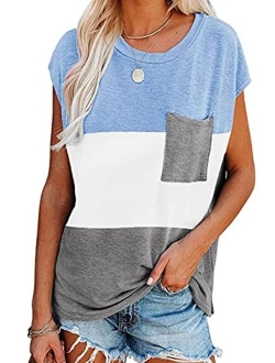 Biucly Womens Summer Tops Casual Loose Batwing Short Sleeve Tees Shirts with Pocket