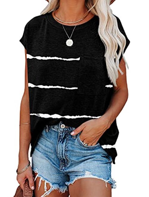 Biucly Womens Summer Tops Casual Loose Batwing Short Sleeve Tees Shirts with Pocket