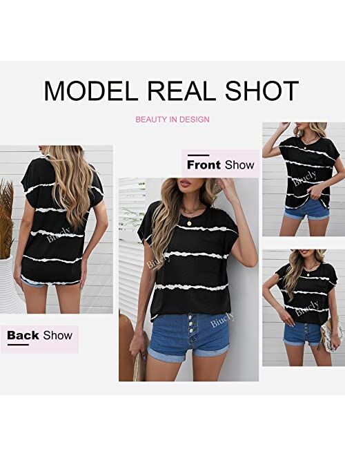 Biucly Womens Summer Tops Casual Loose Batwing Short Sleeve Tees Shirts with Pocket