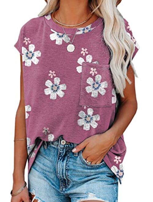 Biucly Womens Summer Tops Casual Loose Batwing Short Sleeve Tees Shirts with Pocket