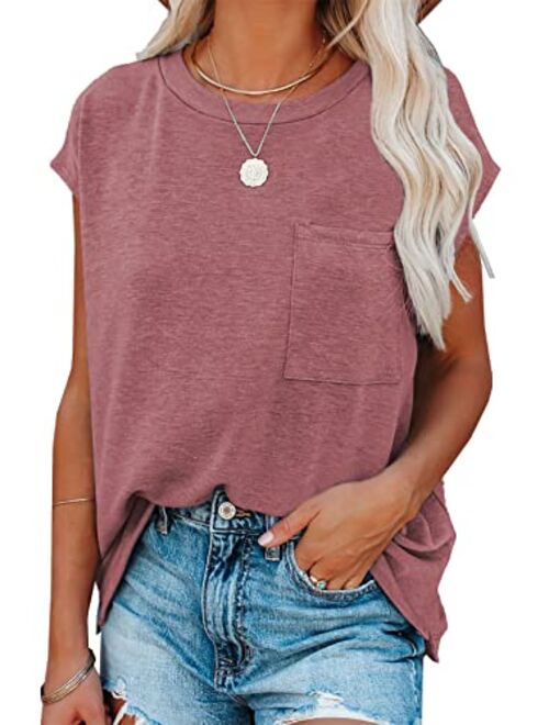 Biucly Womens Summer Tops Casual Loose Batwing Short Sleeve Tees Shirts with Pocket