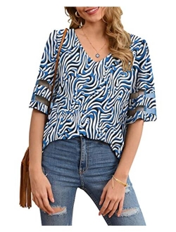 Jouica Women's V Neck Chiffon Blouse Mesh Panel Blouse 3/4 Bell Sleeve Loose Top Shirt