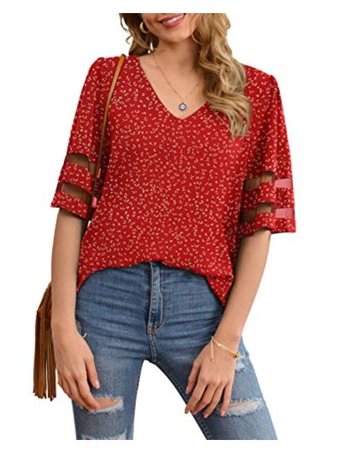 Jouica Women's V Neck Chiffon Blouse Mesh Panel Blouse 3/4 Bell Sleeve Loose Top Shirt