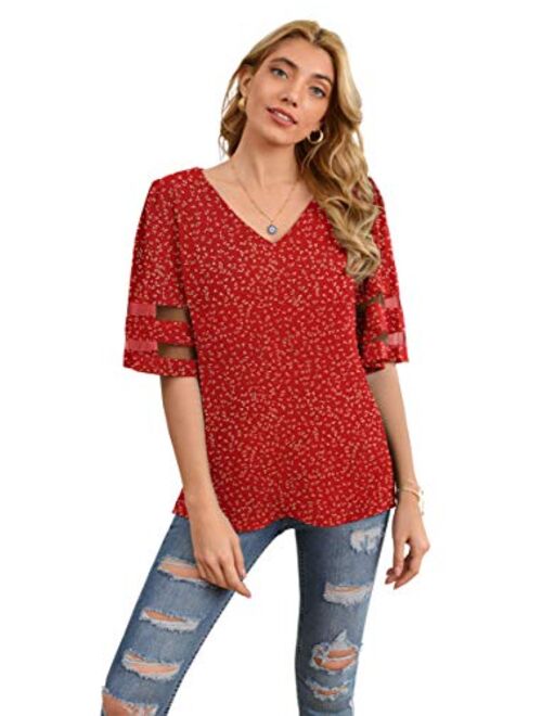 Jouica Women's V Neck Chiffon Blouse Mesh Panel Blouse 3/4 Bell Sleeve Loose Top Shirt