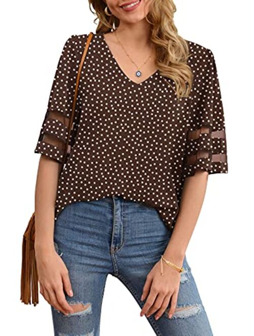 Jouica Women's V Neck Chiffon Blouse Mesh Panel Blouse 3/4 Bell Sleeve Loose Top Shirt