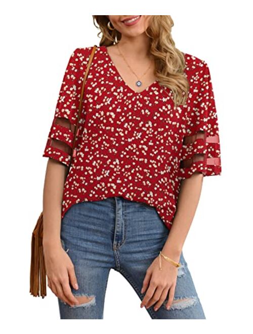 Jouica Women's V Neck Chiffon Blouse Mesh Panel Blouse 3/4 Bell Sleeve Loose Top Shirt