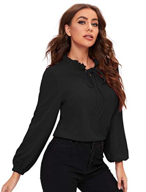 SheIn Women's Long Sleeve Front Bow Tie Ruffle Collar Elegant Blouse Shirt Tops
