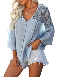 FARYSAYS Women's Tops Lace Crochet V Neck Button Down Bell Sleeve Shirts Casual Loose Blouses