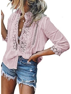 FARYSAYS Women's Tops Lace Crochet V Neck Button Down Bell Sleeve Shirts Casual Loose Blouses