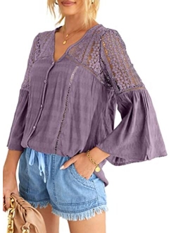 FARYSAYS Women's Tops Lace Crochet V Neck Button Down Bell Sleeve Shirts Casual Loose Blouses