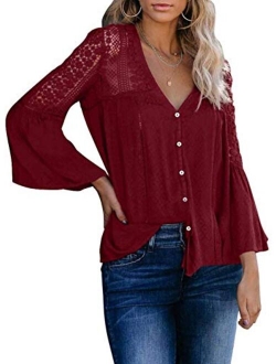 FARYSAYS Women's Tops Lace Crochet V Neck Button Down Bell Sleeve Shirts Casual Loose Blouses