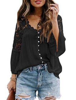 FARYSAYS Women's Tops Lace Crochet V Neck Button Down Bell Sleeve Shirts Casual Loose Blouses