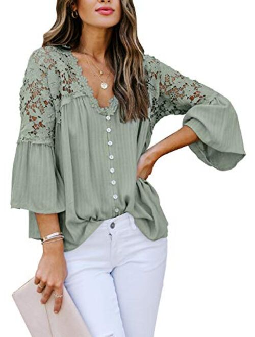 FARYSAYS Women's Tops Lace Crochet V Neck Button Down Bell Sleeve Shirts Casual Loose Blouses