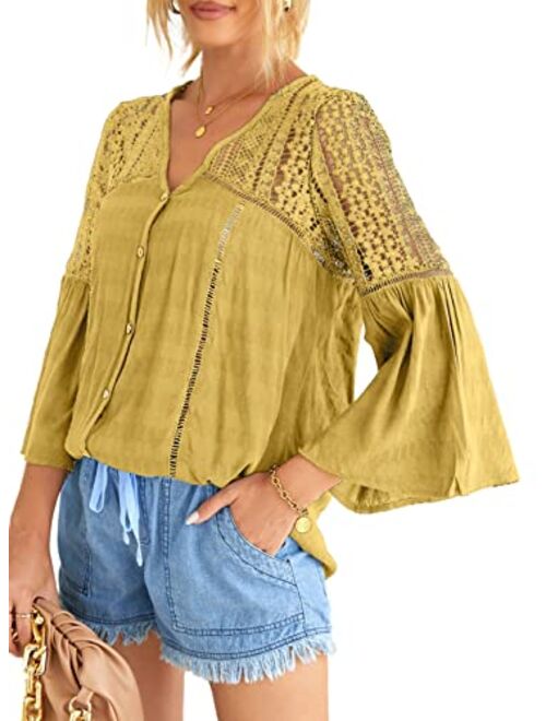 FARYSAYS Women's Tops Lace Crochet V Neck Button Down Bell Sleeve Shirts Casual Loose Blouses