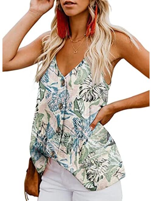 BLENCOT Women's Floral Print Button Down V Neck Strappy Tank Tops Loose Casual Sleeveless Shirts Blouses