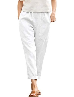 Langwyqu Womens Casual Cotton Tapered Capri Cargo Pants Loose Elastic Waist Ankle Cropped Trouser with Pockets