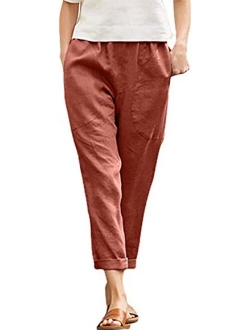 Langwyqu Womens Casual Cotton Tapered Capri Cargo Pants Loose Elastic Waist Ankle Cropped Trouser with Pockets