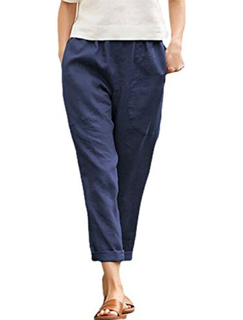 Langwyqu Womens Casual Cotton Tapered Capri Cargo Pants Loose Elastic Waist Ankle Cropped Trouser with Pockets