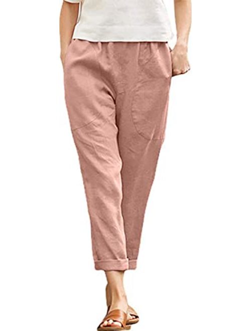 Langwyqu Womens Casual Cotton Tapered Capri Cargo Pants Loose Elastic Waist Ankle Cropped Trouser with Pockets