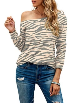 HIYIYEZI Women's Long Sleeve Boat Neck Off Shoulder Blouse Tops