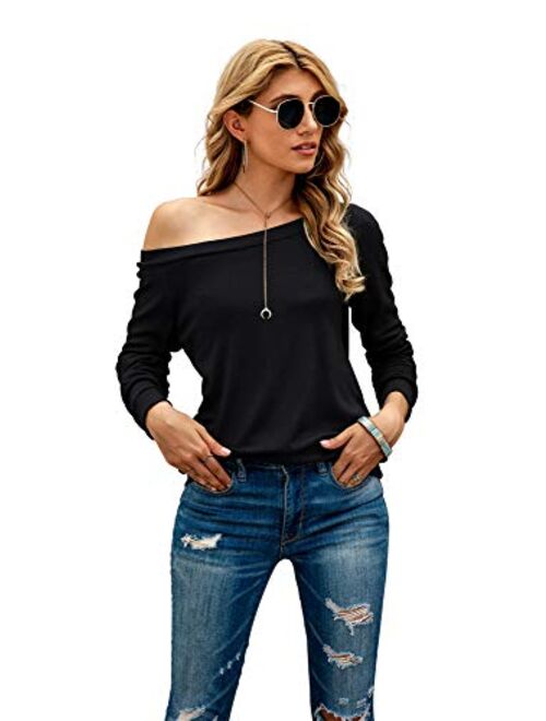 HIYIYEZI Women's Long Sleeve Boat Neck Off Shoulder Blouse Tops