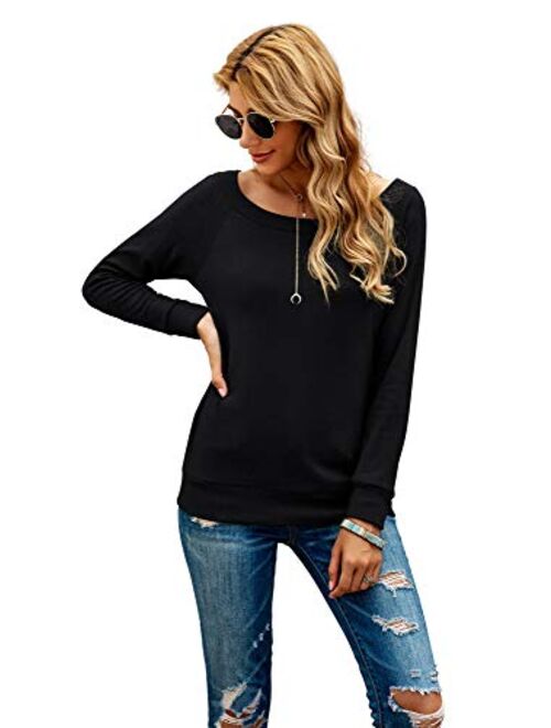 HIYIYEZI Women's Long Sleeve Boat Neck Off Shoulder Blouse Tops