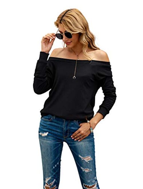 HIYIYEZI Women's Long Sleeve Boat Neck Off Shoulder Blouse Tops