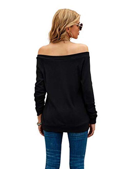 HIYIYEZI Women's Long Sleeve Boat Neck Off Shoulder Blouse Tops