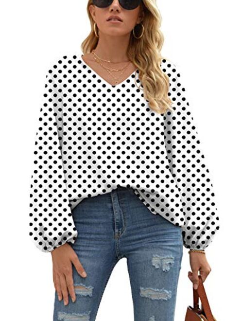 WANGZHI Women's Casual Sweet & Cute Loose Shirt Balloon Sleeve V-Neck Blouse Top