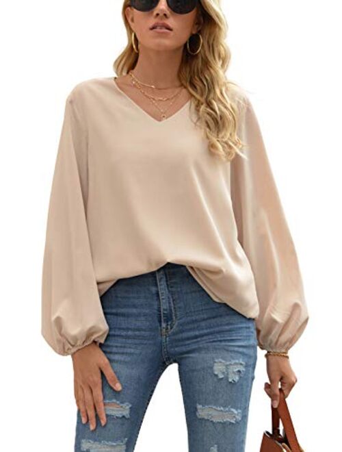 WANGZHI Women's Casual Sweet & Cute Loose Shirt Balloon Sleeve V-Neck Blouse Top