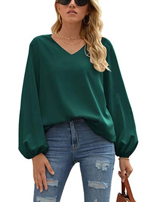 WANGZHI Women's Casual Sweet & Cute Loose Shirt Balloon Sleeve V-Neck Blouse Top