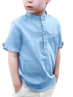 Gafeng Kids Linen Henley Shirt Toddler Boys Short Sleeve Popover Button up Loose Fit Spring Summer Solid Top with Pocket