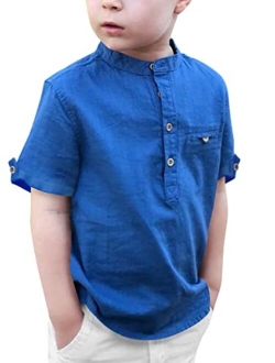 Gafeng Kids Linen Henley Shirt Toddler Boys Short Sleeve Popover Button up Loose Fit Spring Summer Solid Top with Pocket