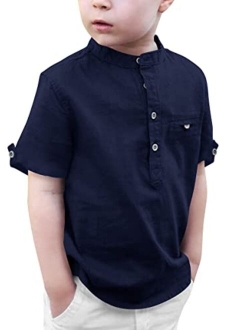 Gafeng Kids Linen Henley Shirt Toddler Boys Short Sleeve Popover Button up Loose Fit Spring Summer Solid Top with Pocket