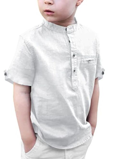 Gafeng Kids Linen Henley Shirt Toddler Boys Short Sleeve Popover Button up Loose Fit Spring Summer Solid Top with Pocket