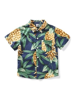 OCHENTA Men & Boys' Lightweight Button Down Hawaiian Shirt, Floral Short Sleeve Aloha Tropical Dress Tops