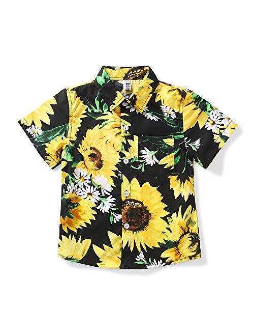 OCHENTA Men & Boys' Lightweight Button Down Hawaiian Shirt, Floral Short Sleeve Aloha Tropical Dress Tops