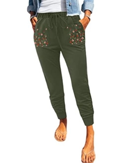 ROSKIKI Womens Leopard Drawstring Elastic Waist Sports Lounge Pants with Pockets