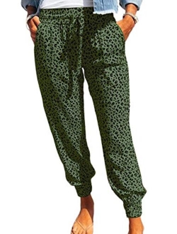 ROSKIKI Womens Leopard Drawstring Elastic Waist Sports Lounge Pants with Pockets