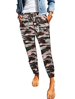 ROSKIKI Womens Leopard Drawstring Elastic Waist Sports Lounge Pants with Pockets