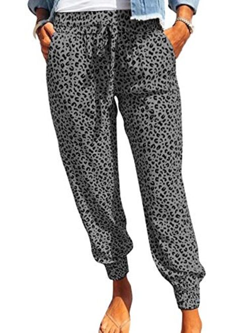 ROSKIKI Womens Leopard Drawstring Elastic Waist Sports Lounge Pants with Pockets