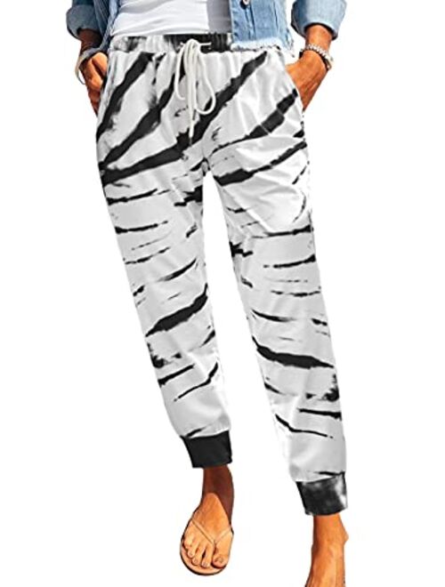 ROSKIKI Womens Leopard Drawstring Elastic Waist Sports Lounge Pants with Pockets