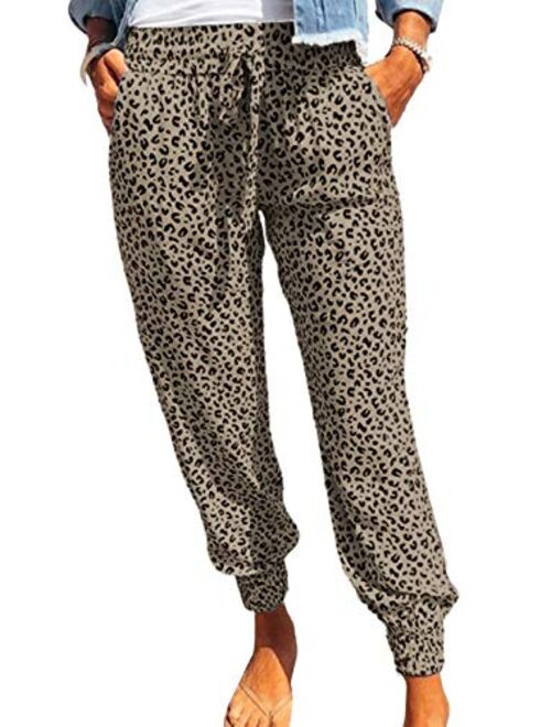 ROSKIKI Womens Leopard Drawstring Elastic Waist Sports Lounge Pants with Pockets